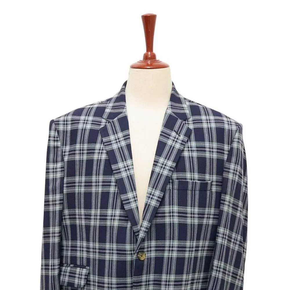 Mens 48R Navy Blue Green Plaid Cotton Blazer 2 Button Sport Coat Wedding Formal